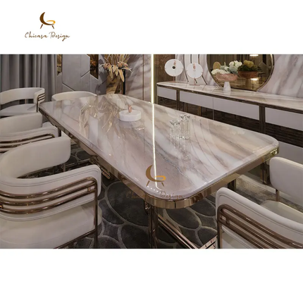 High-End Luxury Rectangular Marble Dining Set – Gold Stainless Steel Base, 8 Seater for Villa