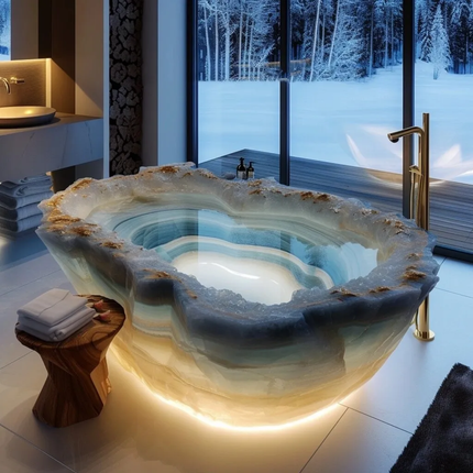 Onyx Italian Natural Marble Bathtub High-End Modern Simple Home Glowing Jade Blue Jade Stone Whirlpool Bathtubs Bathroom