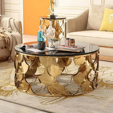 Modern luxury gold marble coffee table Italian home furniture stainless steel base large round living room center coffee table