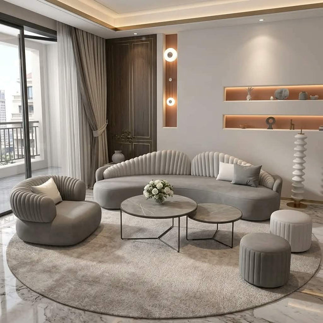 High-End Grey Curved Sofa with Pleated Backrest Modern Luxury Sectional Couch Set for Cultural Hotel Suite Lounge