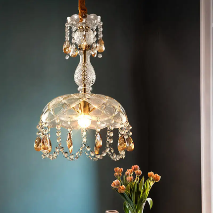 Simple Modern Glass Crystal Hanging Chandelier Bedroom Bedside Pendant Light for Kitchen