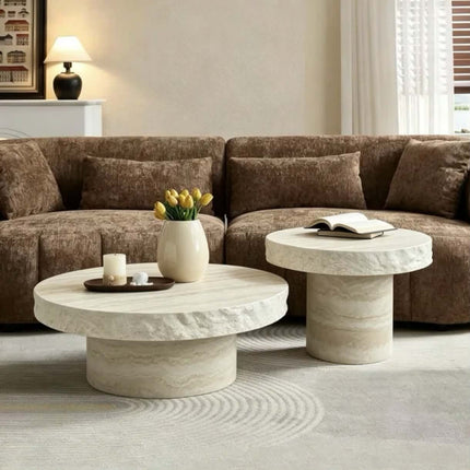 Modern beige travertine accent coffee table with rough chiseled edge stone side table for home decor
