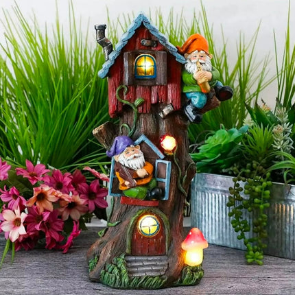 Solar Tree House Resin Gnome House Light Yard Lawn Figurine Patio Statue Porch Decor LED Solar Garden Decoration