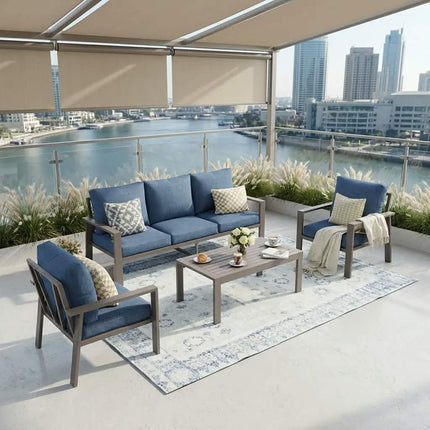 4-Piece Brown Aluminum Frame Modern Outdoor Conversation Set Deep Blue Washable Cushions 3-Seater Sofa 2 Chairs UV Park