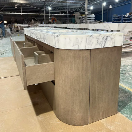 Foshan light luxury natural marble integrated basin bathroom cabinet custom toilet floor standing solid wood paint bathroom