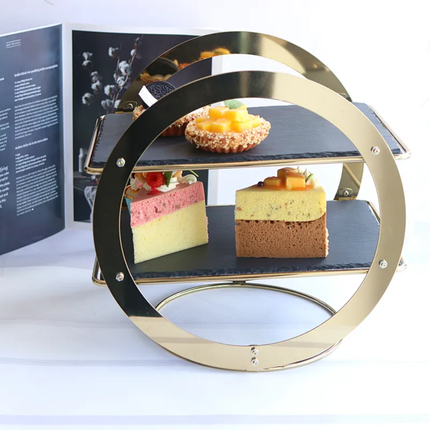Golden Frame Dessert Display Platter Slate Cheese Board 2 Tiers Decorative Wedding Cake Stand