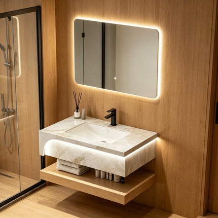 Modern luxury hotel waterproof wall mounted double-layer slate rock bathroom vanity set with LED mirror cabinet bathroom cabinet