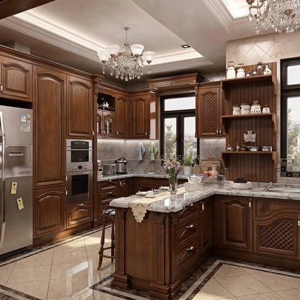 Custom Luxury Red Oak and Red Walnut Solid Wood Door Wooden Kitchen Cabinets with Painted Plywood Cabinet Body Kitchen Island