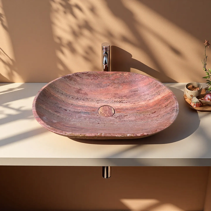 Oval Red Travertine Marble Counter Top Sink Polished Natural Stone Bathroom Basin Factory Direct Custom Size For Hotel Villa