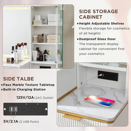 Modern 36\" HD Lighted Mirror Makeup Vanity Desk 48\" Big Mirror 5 Drawers Shelves Glass Top White Bedroom Dressing LED Feature