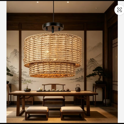 Japanese Style Woven Rattan Chandelier – Double Tier Pendant Light for Dining Room, Natural Bamboo Ceiling Lamp with Warm Ambient Glow