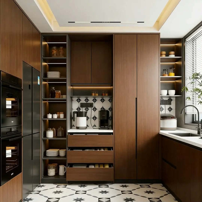 Modern European Style Solid Wood Kitchen Cabinets Modular Design With LED Shelves, Built-in Appliances