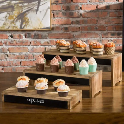 3 Layers Rustic Burnt Dark Wood Cake Dessert Display Riser Stand With Blackboard Board