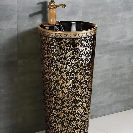Hand Painted Modern Gold Pedestal Sink Easy Clean Free Standing Ceramic Basin Single Hole Faucet Mount 9L Capacity 5 Bathroom