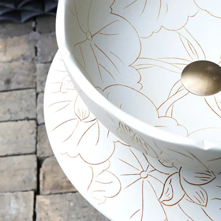 Modern Fancy Round Ceramic Washbasin White Freestanding Pedestal Sink with Floral Motif