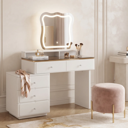 Trendy Premium Modern Solid Wood Vanity Desk Lighted Standing Storage Drawer Durable Apartment Bedroom Home Office Living Room