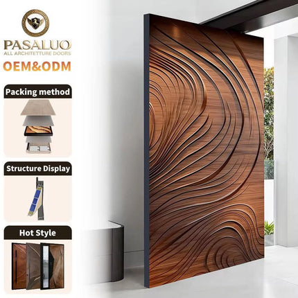 Light Luxury Modern Solid Wooden Door 3D Texture Carving Log Wind Deflecting Axis Villa Entry Barn Door Gaoding Waterproof