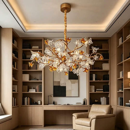 Luxury Art Pendant Light Branch Chandelier Handmade Flower G9 Build Aluminum Glass Shade 3-Temperature Living Room Dining Room