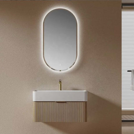 Artistic luxury fluted wood floating vanity with oval LED backlit mirror, elegant and functional design.