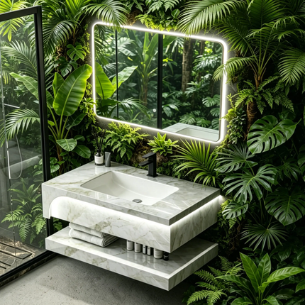 Modern luxury hotel waterproof wall mounted double-layer slate rock bathroom vanity set with LED mirror cabinet bathroom cabinet