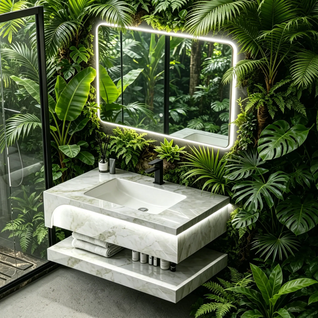 Modern luxury hotel waterproof wall mounted double-layer slate rock bathroom vanity set with LED mirror cabinet bathroom cabinet