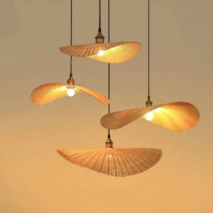 Rattan Bamboo Waves Light Pendants Handmade With Fancy Shape Natural Color Home Decoration
