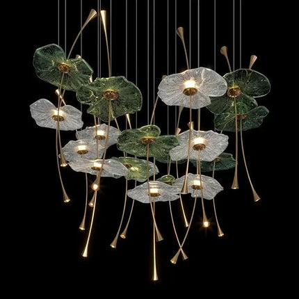 luxury High Ceiling Lotus Leaf Art Glass Chandelier Pendant Light for Villa Stairwell & Lobby