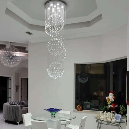 Long Nordic Modern Silver Crystal LED Chandelier for Hotel Lobby and Staircase High Ceiling Hanging Luxury Lighting