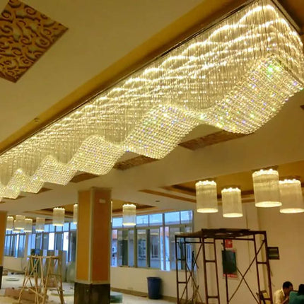 Custom Rectangular Wave Shape Luxury Hotel Crystal Chandeliers Modern Banquet Hall Events Custom Large Flush Mount Ceiling Lamp
