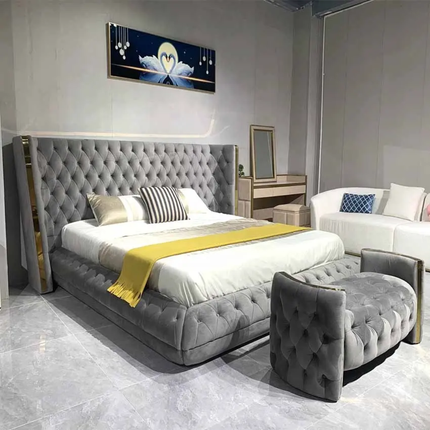 Opulent Grey King Bed - Modern Italian Design, Button-tufted Premium Fabric with Gold Accents
