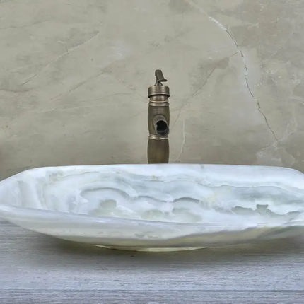 Luxury Modern Polished Natural White OnyxStone Unique Shape Big Size Vessel Sink Wash Basin For Bathroom Hotel