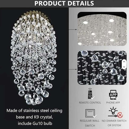Modern Luxury Silver K9 Crystal Chandelier 3-Color Dimmable LED Pendant Light for Hotel Villa Duplex Living Room