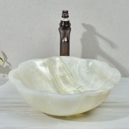 Luxury White Onyx Marble Stone Wash Basin Home Decor Washroom Flower Shape Art Vessel Sink Vanity Table Top Sink Basin