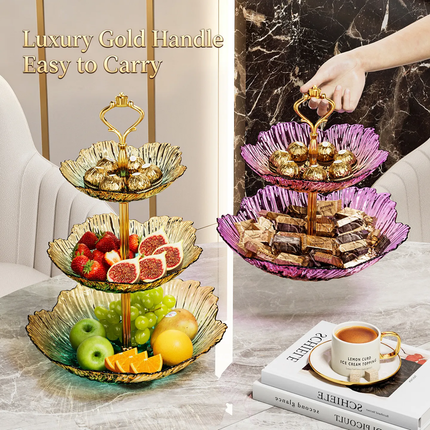 Luxury 2/3 Tier Gradient Petal Plastic Fruit Plate Crown Gold Handle Food Grade Snack Candy Serving Tray For Wedding Party Decor