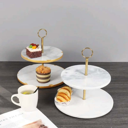 2-Tier Gold Rims Marble Tray For Food Service Cake Stand Dessert Pastry Display Afternoon Tea Party a Premium Cake Tools