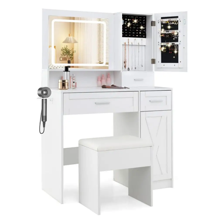 Makeup Vanity Desk Removable Mirror Lights Storage Drawers Stool Set Modern White Wood Plywood Panel Bedroom Furniture(Floor