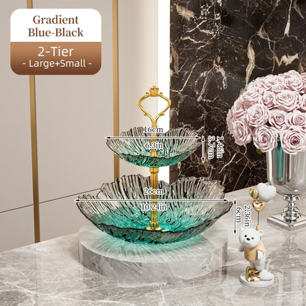 Luxury 2/3 Tier Gradient Petal Plastic Fruit Plate Crown Gold Handle Food Grade Snack Candy Serving Tray For Wedding Party Decor