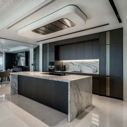 High End Modern Kitchen Cabinets Full Set Matte Finish Black Lacquer Modular Kitchen Furniture with Quartz Countertops