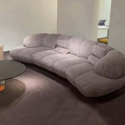 Custom Wabi Sabi Lamb Wool Curved Sofa Bespoke Retro Wood Legs for High End Designer Living Room