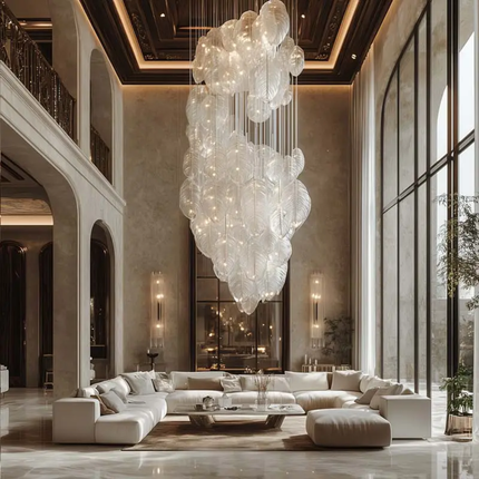 Custom White Feather Glass Round Modern High Hanging Pendant Lamp Large Luxury Chandelier