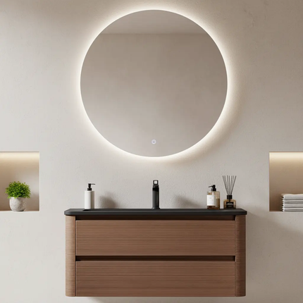 Minimalist fluted wood floating bathroom vanity paired with round LED backlit mirror for modern clean style