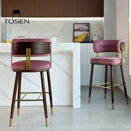 Luxury moderno simple wooden bar stool red velvet high chair metal feet cover for home kitchen island cafe