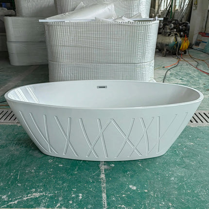 Acrylic Soaking Standing Bathtub White Oval Apron Withe Acrylic Freestanding Bath Tub with Decorative Pattern Surface Design