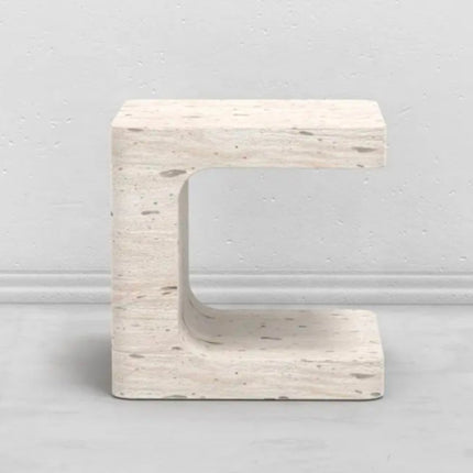 Modern Nordic Side Table White Travertine Marble Minimalist Square C-Shaped for Home Living Room