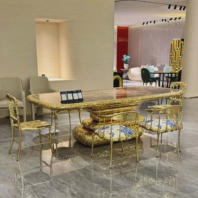 Light Luxury Custom Brass Dining Table – Gold Finish Frame, 8 Seater High-End Furniture