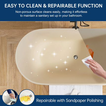 Solid Surface Freestanding Soaking Tub for Adults With Milky Coffee Color Oval Shape Modern Style Durable & Eco-Friendly