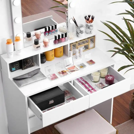 White Modern Standing Panel Assembled Lighted Mirror Wood Dressing Table 1 Piece Makeup Bedside Desk Dresser For Bedroom