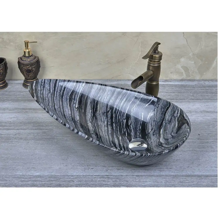 Retro Style Unique Shape Marble Stone Wash Basin Countertop Bathroom Sink Tree Black Stone Sink For Hotel & Villa Use