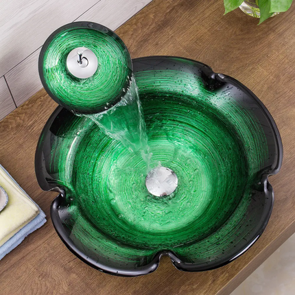 Green Color Hand Painted Flower Shape Vanity Counter Top Bathroom Hand Wash Basin Glass Bathroom Sink Modern Design