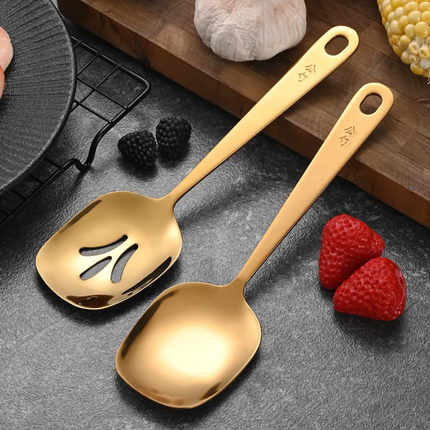 High Quality Kitchen Accessories Gold Long Handle 304 Stainless Round Spoon Serving Slotted Spoon for Buffet Restaurant